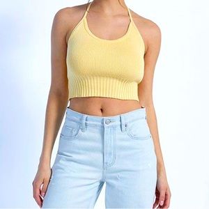 PACSUN YELLOW KNITTED HALTER CROP TOP